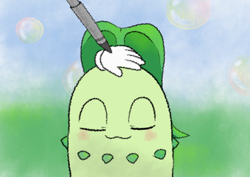 :3 ambiguous_gender blurred_background blush bubble disembodied_hand duo eyes_closed feral front_view green_body happy head_leaf headpat petting plant quadruped smile solo_focus stylus pokunchan nintendo nintendo_3ds nintendo_ds_family pokemon pokemon_amie chikorita elemental_creature flora_fauna generation_2_pokemon pokemon_(species) 2013 digital_drawing_(artwork) digital_media_(artwork) pastel_theme redraw