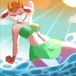 absurd_res animal_crossing anthro bikini blush bottomwear bovid brown_hair caprine chevre_(animal_crossing) clothing dutch_angle englam eyes_closed female freckles fur goat hair hand_behind_head hi_res horn legs_in_water mammal nintendo partially_submerged sea skirt smile solo submerged_legs swimwear two-piece_swimsuit water white_body white_fur