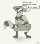 anthro clothed clothing crouching facial_piercing furgonomic_hat furgonomic_headwear furgonomics hat headgear headwear imminent_fart looking_at_viewer looking_back male nose_piercing nose_ring piercing ring_piercing solo speech_bubble text that_jaded epic_games fortnite rufus_(fortnite) mammal procyonid raccoon english_text