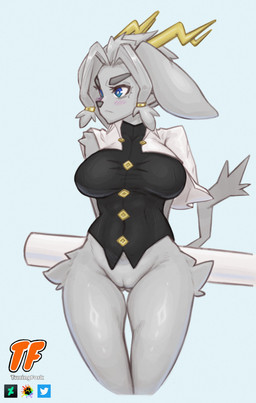 anthro antlers big_breasts blue_eyes blush bottomless breasts cape clothed clothing dream_breaker_(pseudoregalia) female floppy_ears fur genitals gold_(metal) gold_jewelry grey_body grey_fur horn jewelry looking_away solo thigh_gap topwear vest vulva weapon tuningfork pseudoregalia sybil_(pseudoregalia) bovid caprine felid feline goat hybrid lagomorph leporid mammal rabbit 2025 digital_drawing_(artwork) digital_media_(artwork) hi_res