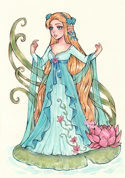 anime_style blonde_hair blush breasts clothed clothing fantasy female flower hair humanoid_pointy_ears lily_pad medieval_fantasy micro not_furry plant pointy_ears simple_background smile solo text water_lily kuridel_black disney disney_fairies tales_of_pixie_hollow rani_(disney_fairies) fairy humanoid hi_res