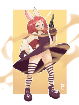accident accidental_exposure anthro blue_eyes bow_ribbon casual_exposure clothed clothing clothing_lift dress dress_lift exclamation_point female fluffy fluffy_tail footwear fur genitals gloves gun hair handgun handwear high_heels holding_gun holding_object holding_ranged_weapon holding_weapon innie_vulva legwear long_hair long_socks looking_at_viewer no_underwear pattern_clothing pattern_legwear purple_clothing purple_dress purple_gloves purple_handwear ranged_weapon red_hair revolver sand shirt shoes small_tail solo striped_clothing striped_legwear stripes surprised tail tan_body tan_fur topwear upskirt vulva weapon white_clothing white_shirt white_topwear wind vilf akemi_natural lagomorph leporid mammal rabbit 3:4 absurd_res hi_res signature