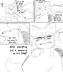 backpack bodily_fluids clenched_teeth crying dialogue duo eyes_closed female feral hug hugging_another male praise shocked surprised tail tears teeth text spicykiwi nintendo pokemon thomas_(spicykiwi) tulip_(spicykiwi) generation_9_pokemon human mammal pokemon_(species) sprigatito absurd_res comic english_text hi_res monochrome story