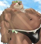 anthro belly big_belly black_nose blush brown_body brown_fur bulge clothing cloud fur kemono male outside overweight overweight_male solo swimwear yom_mido_plus lifewonders live_a_hero goro_(live_a_hero) bear mammal 2024 hi_res