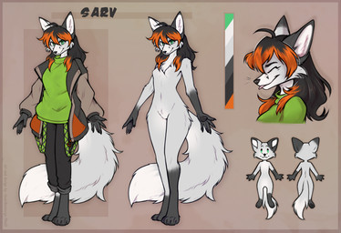 anthro chest_fur clothing female fluffy fluffy_tail grey_hair hair hoodie multicolored_hair orange_hair smile tail tongue tongue_out topwear two_tone_hair lonerdemiurge canid canine fox mammal absurd_res hi_res model_sheet
