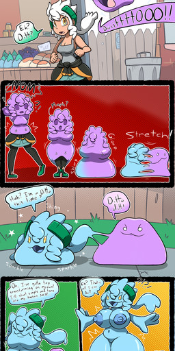 amber_eyes ambiguous_gender anthro big_breasts big_butt blue_body breast_expansion breasts butt butt_expansion cleavage clothed clothing clothing_destruction covered_in_goo duo expansion female feral genitals goo_transformation grass hair human_to_anthro market merge_transformation merging mind_alteration mitosis nipple_expansion nipples number plant pokedex_number pokemon_professor pokemon_speak purple_goo sparkles species_transformation splitting tan_body tan_skin text thick_thighs thigh_expansion transformation transformation_sequence vulva white_hair chabble nintendo pokemon big_ditt_(chabble) professor_burnet ditto_(pokemon) generation_1_pokemon goo_creature human mammal pokemon_(species) shiny_pokemon absurd_res comic english_text hi_res