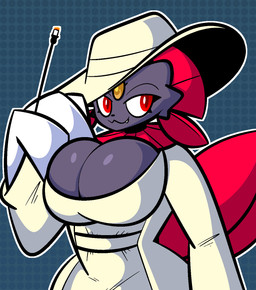anthro big_breasts breasts cigarette cigarette_holder claws cleavage clothed clothing cosplay dress feathers female forehead_gem gem grey_body hat headgear headwear huge_breasts red_eyes smile solo sun_hat ekkokenight capcom nintendo pokemon resident_evil alcina_dimitrescu generation_4_pokemon pokemon_(species) weavile hi_res