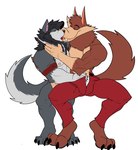 anthro bottomwear brown_body brown_fur bulge canid canine canis clothing duo eyes_closed french_kissing fur grope hank_howell_(piti_yindee) hi_res kissing male male/male mammal muscular nipples pants seyrmo simple_background sitting white_background wolf