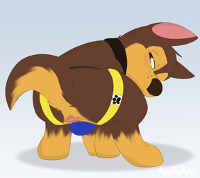all_fours anus blush brown_body brown_eyes brown_fur butt clothed clothed_feral clothing collar crouching feral fur hair jockstrap jockstrap_only looking_at_viewer looking_back male presenting presenting_anus presenting_hindquarters rear_view simple_background solo tail toony topless underwear underwear_only young aurapuparts paw_patrol chase_(paw_patrol) canid canine canis domestic_dog german_shepherd herding_dog mammal mixed_breed pastoral_dog absurd_res digital_media_(artwork) hi_res