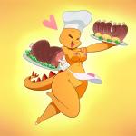 anthro apron areola breasts chef_hat clothing eyes_closed fangs female food genitals hat headgear headwear heart_symbol meat nipples non-mammal_breasts open_mouth pussy short_stack solo tail teeth tongue lonbluewolf cooking_with_tracy tracy_(cwt) dinosaur prehistoric_species reptile scalie 1:1 2018 hi_res