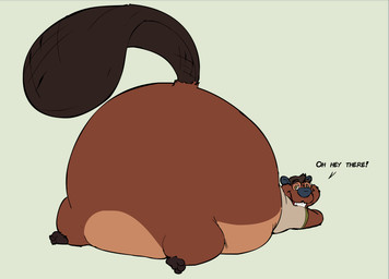 anthro beaver_tail big_butt big_tail bottomless buckteeth butt clothed clothing dialogue eyewear glasses half-closed_eyes huge_butt hyper hyper_butt looking_at_viewer looking_back looking_back_at_viewer male monobutt narrowed_eyes open_mouth open_smile overweight overweight_anthro overweight_male rear_view round_body round_glasses shirt smile solo tail teeth topwear heifer_(artist) mogg beaver mammal rodent 2025 hi_res