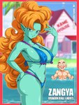 bald big_breasts big_butt big_hair black_eyes blue_clothing blue_eyes blue_swimwear breasts butt clothing dragon_ball dragon_ball_z duo ear_piercing eyelashes female hair hand_on_hip hi_res human humanoid humanoid_pointy_ears krillin long_hair looking_at_viewer male mammal misleading_thumbnail muscular muscular_male navel nipple_outline open_mouth open_smile orange_hair partially_submerged piercing sano_br smile standing_in_water swimwear tan_body tan_skin text thick_thighs zangya