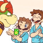 1:1 2020 anthro armband beverage_can blue_eyes bodily_fluids bowser brother_(lore) brothers_(lore) clothed clothing drinking_straw eyes_closed facial_hair group hair happy hi_res horn human human_focus humanoid_hands koopa lates luigi male mammal mario mario_bros multicolored_body mustache nintendo one_eye_closed red_hair robe scalie sibling_(lore) simple_background smile spiked_armband spikes sweat sweatdrop wink
