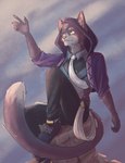 anthro bottomwear clothing footwear hoodie male mouth_closed necktie pants pillar purple_body shirt shoes simple_background sitting solo three-quarter_view topwear yellow_eyes physvlad lust_shards tate_(lust_shards) domestic_cat felid feline felis mammal absurd_res hi_res