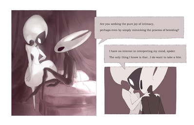 anthro bedroom biped black_body black_eyes border detailed_background dialogue duo empty_eyes eye_contact female female/female female_anthro female_humanoid holding_partner humanoid_on_anthro inside intimate looking_at_another looking_at_partner mouthless nude speech_bubble talking_to_another talking_to_partner text white_body white_border white_eyes justdog hollow_knight:_silksong hollow_knight_(franchise) team_cherry hornet_(hollow_knight) lace_(hollow_knight:_silksong) arthropod humanoid 2025 comic digital_drawing_(artwork) digital_media_(artwork) english_text hi_res