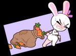 2018 accessory alpha_channel anthro blush bodily_fluids carrot carrots_(starbirbz) clenched_teeth dragging female flower flower_in_hair food fur hair hair_accessory lagomorph leporid mammal plant purple_background rabbit sack simple_background solo starbirbz sweat sweatdrop teeth transparent_background vegetable white_body white_fur