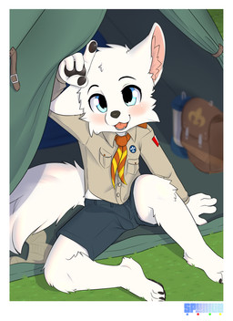 anthro backpack black_nose blue_eyes blush bottomwear clothing fur looking_at_viewer male open_mouth pawpads scout_uniform scouts shorts sitting solo thin_eyebrows uniform white_body white_fur young young_anthro young_male spunkie arctic_fox canid canine fox mammal true_fox