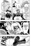2018 anthro bodily_fluids boots bottomwear breasts cleavage cleavage_cutout clothed clothing comic cookie_(furryfight_chronicles) cutout daigaijin dialogue dishes english_text female footwear fur furryfight_chronicles hair hi_res lagomorph leporid maid_uniform mammal monochrome muko rabbit ribbons roda_kira rodent sciurid size_difference skirt sound_effects speech_bubble sweat sweatdrop sweater text topwear tray tree_squirrel uniform waiter