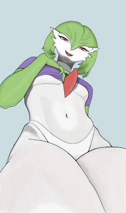 breasts clothed clothing female green_hair hair not_furry perspective pose red_eyes solo blademephisto nintendo pokemon gardevoir generation_3_pokemon humanoid pokemon_(species) pinup