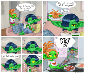 4_panel_comic appliance bacon barefoot bottomwear breasts clothing dialogue duo ear_piercing ear_ring feet female food furniture green_body green_skin hair hair_over_eye hair_straightener humanoid_pointy_ears humor kitchen meat mole_under_eye not_furry piercing pointy_ears reading red_eyes ring_piercing shorts shortstack sliding sofa stove text yellow_sclera mario-grant ms._nasbh'ke_(mario-grant) goblin humanoid 2026 comic english_text hi_res
