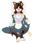 4_toes anthro breasts brown_eyes brown_hair clothed clothing ear_piercing ear_ring feet female fingers hair midriff navel piercing ring_piercing sitting solo toes wolflady danika_(wolflady) canid canine canis domestic_dog mammal 2020 digital_media_(artwork)