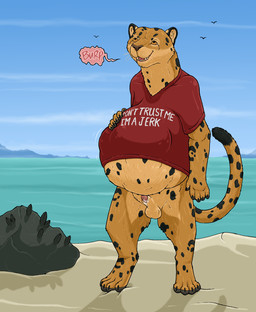 abdominal_bulge after_sex after_vore animal_genitalia anthro anthro_pred balls beach belly big_belly bodily_fluids bottomless clothed clothing cum cum_on_penis flaccid fully_inside fur genital_fluids genitals looking_pleasured male male_anthro male_pred markings outside penis retractable_claws sand sea sheath shirt shirt_only solo spots spotted_body spotted_fur tail tan_body tan_fur text text_on_clothing topwear topwear_only vore water whiskers strega spots_(strega) ambient_bird felid leopard mammal pantherine english_text hi_res