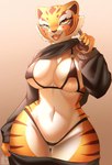 anthro areola areola_slip big_breasts biped blush breasts camel_toe clothed clothing clothing_lift curvy_figure female female_anthro fur huge_breasts looking_at_viewer navel open_mouth orange_body orange_fur pink_areola shirt shirt_lift simple_background smile solo striped_body striped_fur stripes tail thick_thighs tongue topwear underwear voluptuous wide_hips sk3tchk4t dreamworks kung_fu_panda master_tigress felid mammal pantherine tiger hi_res