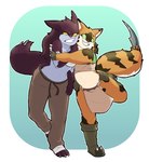 angry anthro blade bottomwear clothing duo female gradient_background hug loincloth simple_background smile tail tail_blade weapon_tail masabear potoobrigham ciyara_(junk_planet) kyra_(junk_planet) domestic_cat felid feline felis mammal 2016 hi_res