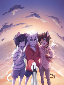 5_fingers anthro beach black_hair black_nose brown_hair clock clothed clothing day detailed_background fingers green_eyes group hair inner_ear_fluff male open_mouth outside pink_nose sand seaside selfie selfie_stick smile standing sun tuft watch water white_hair wristwatch fumiko great_troubles hazukashii_team stardust_kids kurt_(rokito) romano_(rikitoka) seth_(fumiko) domestic_cat felid feline felis mammal 3:4 digital_media_(artwork) hi_res shaded