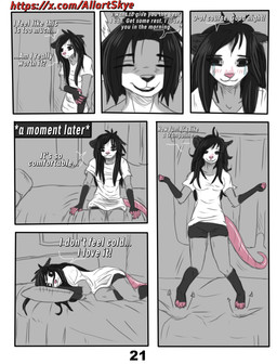 anthro black_body black_fur dialogue duo female fur grey_body grey_fur hair male pink_body simple_background text white_body white_fur allartskye kia_(allartskye) skye_(allartskye) american_opossum canid canine canis mammal marsupial wolf comic english_text hi_res url