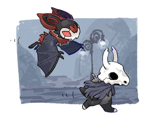 2_horns ambiguous_gender biped black_body black_eyes clothing duo feral flying fur horn melee_weapon motion_lines nail_(weapon) neck_tuft red_body red_eyes red_fur street_lamp tail tuft walking weapon weapon_on_back wings aaasakawa hollow_knight_(franchise) nintendo pokemon team_cherry grimmchild_(hollow_knight) the_knight_(hollow_knight) cubone generation_1_pokemon generation_6_pokemon mammal noibat pokemon_(species) 2026 crossover hi_res