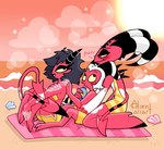 2022 alienaliart beach beach_towel bisexual blitzo_(helluva_boss) blush clothing demon demon_humanoid female group helluva_boss hi_res horn horned_humanoid humanoid husband_and_wife imp male married_couple millie_(helluva_boss) moxxie_(helluva_boss) purring red_body red_skin seaside sunscreen swimwear tail tailed_humanoid towel trio