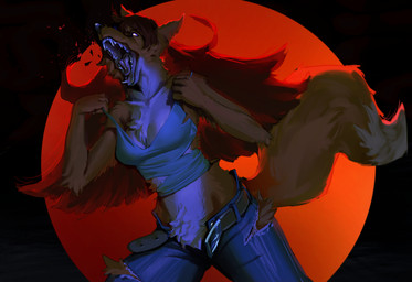anthro bangs bared_teeth belt blue_bottomwear blue_clothing blue_jeans blue_pants bottomwear clothed clothing crotch_tuft denim denim_bottomwear denim_clothing female fluffy fluffy_tail fur glowing glowing_eyes hair jeans long_hair moon multicolored_body multicolored_fur night open_bottomwear open_clothing open_pants orange_body orange_fur pants pubes red_hair red_moon shirt simple_background solo tail tank_top tearing_clothing teeth tongue topwear torn_bottomwear torn_clothing torn_pants torn_shirt torn_topwear transformation tuft two_tone_body two_tone_fur white_body white_fur austinarts4 terraria zoologist_(terraria) canid canine fox mammal werecanid werecanine werecreature werefox absurd_res hi_res