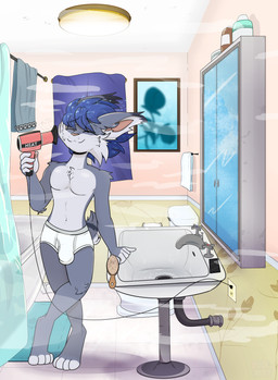 after_shower anthro bathroom briefs bulge clothed clothing front_view male solo standing tighty_whities underwear underwear_only white_briefs white_clothing white_underwear foxway maxwell_(maxwelllynx) felid feline lynx mammal hi_res