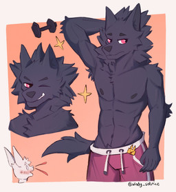 abs anthro armpit_hair blood blush bodily_fluids body_hair clothed clothing male muscular muscular_male nosebleed one_eye_closed pecs solo topless weights wink windy_solstice i_think_i_like_you mythology leon_ostiarius sky_(i_think_i_like_you) canid canid_demon canine canis demon hellhound lagomorph leporid mammal mythological_canine mythological_creature rabbit wolf hi_res