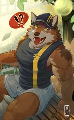 anthro ball barazoku biceps bottomwear clothing countershading excited hat headgear headwear interrobang male muscular muscular_anthro muscular_male shirt shorts sitting solo tank_top tennis_ball topwear mumu202 lifewonders live_a_hero barrel_(live_a_hero) canid canine canis mammal wolf