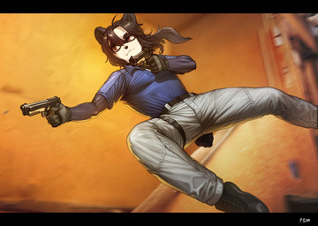 5_fingers anthro belt black_bars blue_clothing blue_shirt blue_topwear bottomwear clothing dual_wielding fingerless_gloves fingers footwear gloves gun handgun handwear holding_object holding_weapon m9 male pants perspective pistol ranged_weapon shirt shoes solo topwear weapon pgm300 wei_(drchangsta) bear giant_panda mammal 2022 absurd_res digital_media_(artwork) hi_res signature widescreen