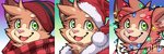 anthro blue_background brown_body brown_fur cheek_tuft christmas_lights clothed clothing countershade_torso countershading eyebrows facial_tuft fangs front_view fur gradient_background green_background green_eyes grey_text happy hat head_tuft headgear headwear holidays inner_ear_fluff looking_at_viewer male mostly_nude multicolored_body multicolored_fur open_mouth open_smile pink_nose purple_background red_clothing red_hat red_headwear red_topwear scarf simple_background smile solo tan_body tan_countershading tan_fur teeth text tongue topwear tuft two_tone_body two_tone_fur catsudon christmas catsudon_(character) domestic_cat felid feline felis mammal 2019 3:1 headshot_portrait icon multiple_images portrait watermark