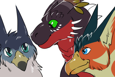 ambiguous_feral ambiguous_gender beak blue_eyes cheek_spikes cheek_tuft facial_spikes facial_tuft feral glistening glistening_eyes green_eyes group pointy_ears simple_background smile snout spikes spikes_(anatomy) teal_eyes tuft white_background nightarm mythology maplegryph syrrik torvid avian dragon gryphon mythological_avian mythological_creature mythological_scalie scalie 2022 bust_portrait portrait