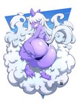 3_horns animal_tail areola big_butt blue_background blush blush_lines breasts butt clothing cloud feet female hair hair_over_eyes hand_on_butt horn huge_butt long_hair looking_at_viewer looking_back looking_back_at_viewer multi_horn nipples panties purple_areola purple_body purple_clothing purple_horn purple_nipples purple_panties purple_underwear rear_view simple_background sky small_breasts smile solo suntan tail tan_line thick_thighs underwear white_background white_hair wide_hips bayeuxman palworld pocketpair dazzi_(pal) horned_humanoid humanoid pal_(species) tailed_humanoid hi_res