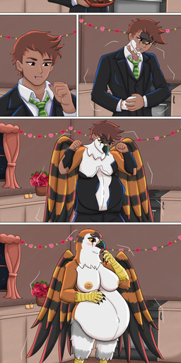 anthro belly big_belly big_breasts breasts clothing expansion female gender_transformation mtf_transformation pregnant rapid_pregnancy transformation wardrobe_malfunction furminko27 volcav accipitrid accipitriform avian bird buteo chickenhawk red-tailed_hawk 2026 absurd_res comic hi_res huge_filesize