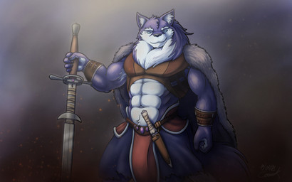 abs anthro armor biceps biped clothed clothing dagger fur greatsword holding_melee_weapon holding_object holding_sword holding_weapon looking_at_viewer male mane melee_weapon muscular muscular_anthro muscular_male pecs purple_body purple_fur simple_background smile solo standing sword unconvincing_armor weapon white_body white_fur corrsk canid canine canis mammal wolf 16:10 2018 digital_media_(artwork) hi_res wallpaper widescreen