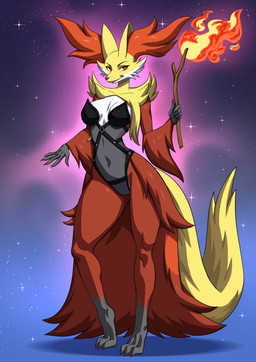 3_toes 5_fingers anthro biped breasts claws clothed clothed_anthro clothed_female clothing countershade_fur countershade_torso countershading feet female finger_claws fingers fire front_view fur holding_object inner_ear_fluff medium_breasts navel red_body red_eyes red_fur smile solo standing tail toes tuft yellow_body yellow_fur yellow_tail alanscampos nintendo pokemon delphox generation_6_pokemon pokemon_(species) 2025 absurd_res digital_drawing_(artwork) digital_media_(artwork) hi_res