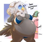 ?! anthro belly beverage beverage_can big_belly big_breasts big_butt breasts butt eyewear female glasses grey_body holidays huge_breasts huge_thighs inflation navel rumbling_stomach side_boob soda solo sound_effects standing surprise tail text thick_thighs white_body garuda_six 4th_of_july arizona_iced_tea miss_america_(garuda_six) accipitrid accipitriform avian bald_eagle bird eagle sea_eagle 2022 signature