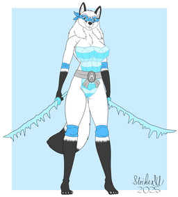 4_toes anthro black_nose breasts cleavage clothed clothed_anthro clothed_female clothing cosplay crossover_cosplay elbow_pads feet female fur hair hindpaw humanoid_hands ice katana knee_pads melee_weapon paws solo standing sword toes weapon white_body white_fur white_hair strikersa extinctioners teenage_mutant_ninja_turtles artica_lagopus leonardo_(tmnt) arctic_fox canid canine fox mammal true_fox crossover hi_res