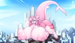 anthro big_breasts breasts building city cloud day destruction eyewear female glasses hair horn huge_breasts macro mountain nipples nude outdoor_nudity outside pink_body pink_hair round_glasses smile solo tail fountain_malchemy mythology dragon fish marine mythological_creature mythological_scalie scalie shark 2022 absurd_res digital_media_(artwork) hi_res