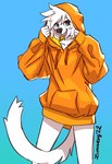 abstract_background anthro big_nose blue_eyes bottomless clothed clothing female fur happy hoodie hoodie_only orange_clothing oversized_clothing smile solo topwear topwear_only white_body white_fur zummeng evie_(zummeng) domestic_cat felid feline felis mammal 2022 hi_res