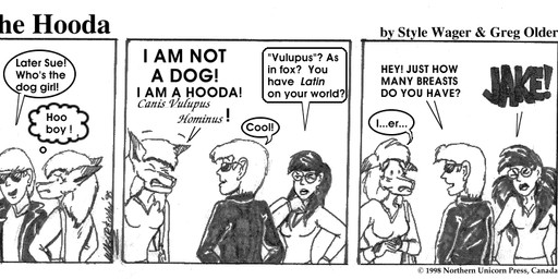 angry anthro breasts clothed clothed_female clothed_male clothing dialogue ears_back eyewear female fur glasses group hair jacket male open_clothing open_jacket open_topwear pivoted_ears purse sunglasses text topwear trio style_wager dela_the_hooda dela_aldershaw jake_mcross sue_chan_(dela_the_hooda) canid canine fox hooda human mammal 1998 comic english_text greyscale monochrome