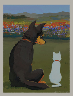 anthro black_body border collar duo feral flower_field grass grass_field looking_at_another male mountain plant rear_view sitting white_body yellow_border awwchang canid canine canis domestic_cat domestic_dog felid feline felis mammal 2025 hi_res