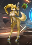 abs alternate_species ambiguous_form anthro athletic athletic_female blonde_hair bracelet breasts casual_nudity clothing corridor detailed_background duo female footwear footwear_only fur furrification genitals gun hair hallway hand_on_leg hand_on_thigh high_heels holding_gun holding_object holding_ranged_weapon holding_weapon jewelry left-handed light looking_at_viewer mostly_nude nipples nude pose pumps pussy ranged_weapon science_fiction shoes vent weapon yellow_body yellow_fur jecbrush metroid nintendo fox_samus_aran samus_aran alien canid canine fox mammal metroid_(species) 2021 absurd_res colored digital_media_(artwork) digital_painting_(artwork) full-length_portrait hi_res lighting pinup portrait shaded signature